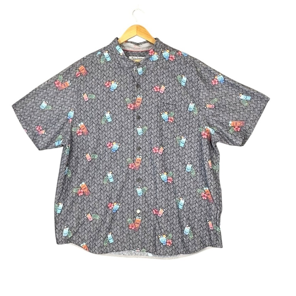 Tommy Bahama Shirt Mens 2XL Gray Coconut Point Island Zone Hawaiian Tiki Camp
